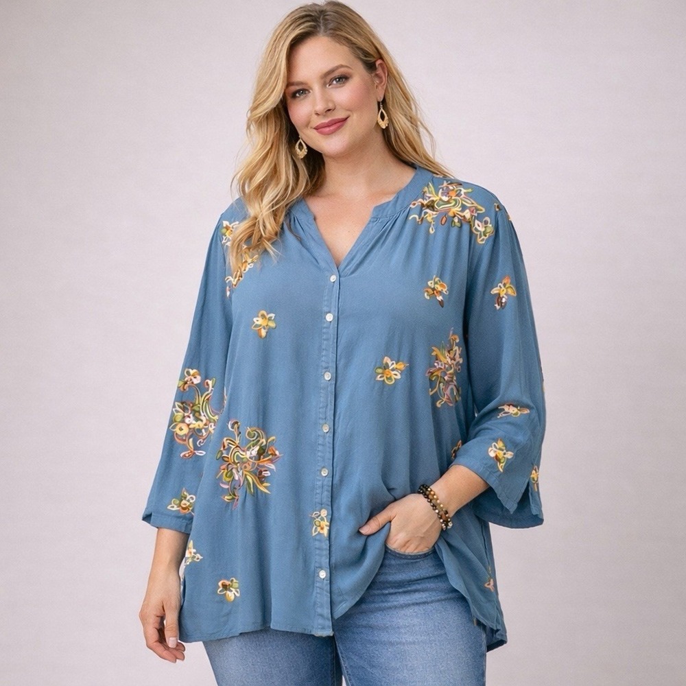 Kindred 3X‎ Embroidered Boho Blouse Blue Rayon Artsy Cottagecore Top Floral